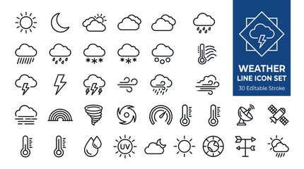 Obraz premium 30 weather line icons with editable stroke for forecasts, climate, and meteorology design projects.