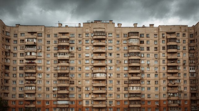 Urban soviet-era apartment facade in grayscale. AI generated