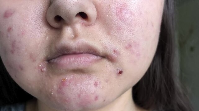 Acne on teenage girl's face, pimples, inflamed skin, facial redness and problematic skin concept.