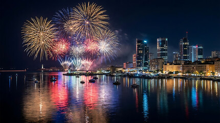 Fototapeta premium Vibrant colorful fireworks display illuminating city skyline over water at night