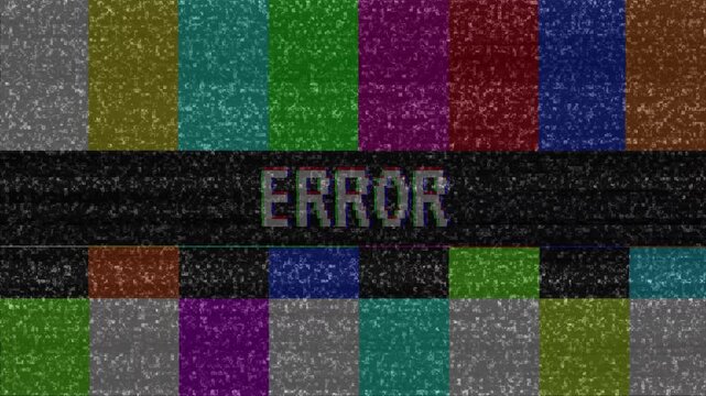 4k video Glitch during TV broadcasting with colorful stripes and ERROR text. Error in connection while show on air, 4k video