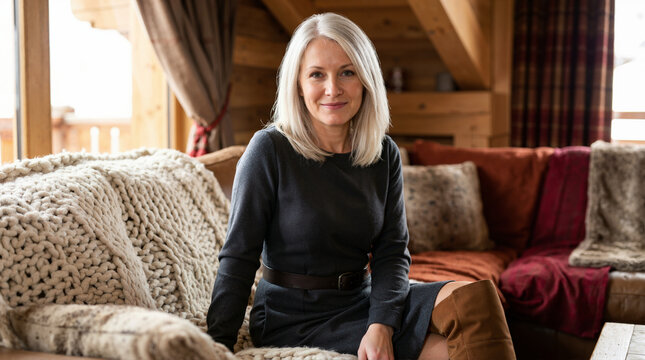 Middle aged woman sitting on a sofa in a wooden cabin. Female adult wearing a grey long sleeve dress and brown suede boots relaxing indoors