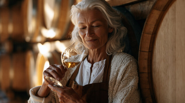 Aging sommelier with weathered hands swirling a tasting glass beside oak barrels in a dimly lit cellar, concentration on her face as she evaluates vintage notes, autumn harvest