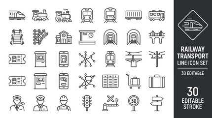 30 railway transport line icons with editable stroke for trains, stations, and infrastructure design projects. © cloud