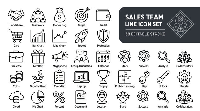 30 sales team line icons with editable stroke for business, teamwork, and marketing design projects.