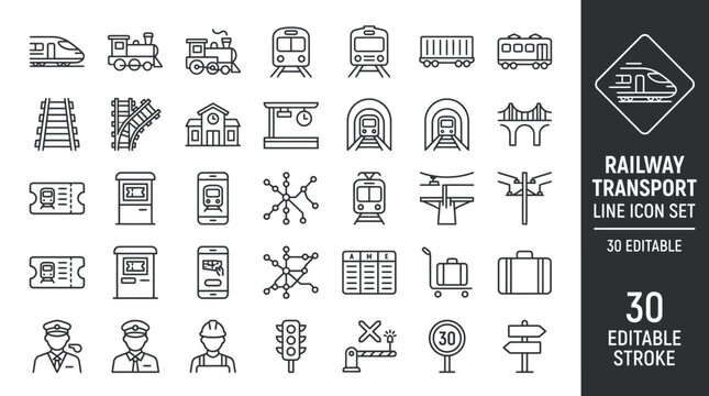 30 railway transport line icons with editable stroke for trains, stations, and infrastructure design projects.