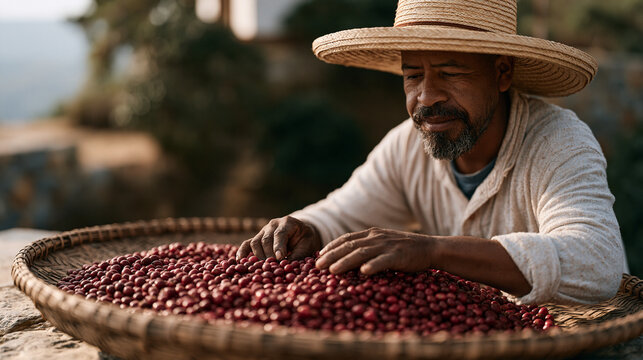 Colombian coffee farmer in a wide straw hat sorting freshly picked cherries on a flat woven basket at harvest, agricultural precision, fair trade, tropical mountain growing