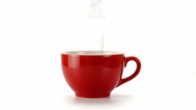 A single red coffee mug with steam rising from the top, set against a white background.