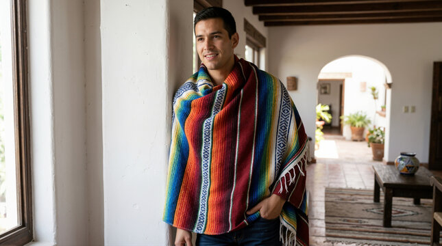 Young man wrapped in colorful Mexican serape blanket. Portrait of smiling male in traditional striped poncho indoors