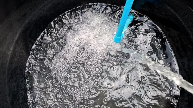Water exchange in a fish farming pond to maintain water quality and support healthy aquaculture. Routine pond management for sustainable freshwater fish production.