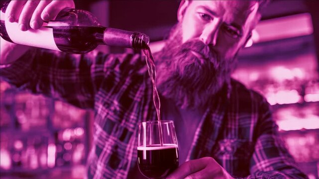 A bearded man in a plaid shirt pouring dark red wine from a bottle into a glass at a bar with purple lighting and blurred background.