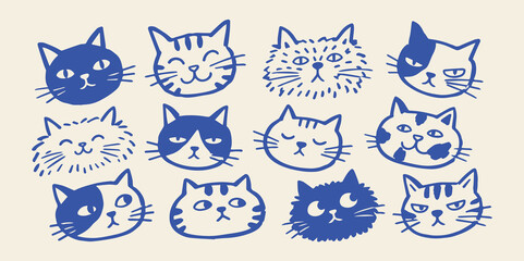 Cat Faces Doodle Set Hand Drawn Vector Illustration