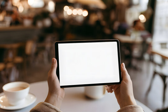 Mockup image showing a female holding a tablet with a blank white desktop background in a caf&eacute;
