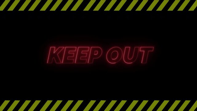 keep out text red neon sign with yellow bar warning pulsing on transparent background or black background, 4k video