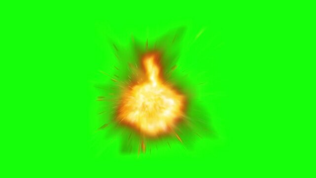 Fiery explosion effect isolated on green screen for easy