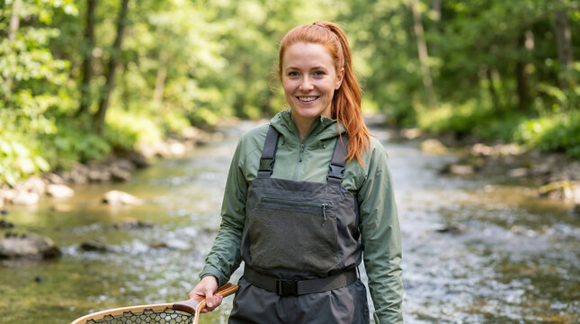 Smiling woman in fishing waders holding a net in a river. Female angler standing in a forest stream