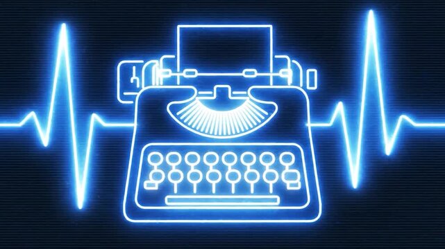 A glowing blue neon typewriter icon on a black background