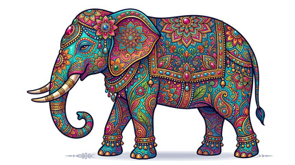 Obraz premium Colorful Mandala Elephant Vector with Gemstones, Floral Ornaments and Paisley Ethnic Patterns