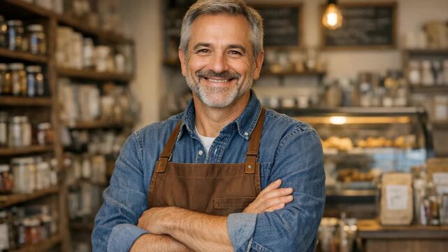 A man with a beard wearing an apron and smiling for the camera. He is standing behind his bakery counter filled with bottles.