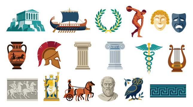 Ancient Greece Flat Vector Illustration Icons Set: Mythology, History, Culture Symbols Collection