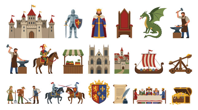 Medieval Flat Vector Icons Set. Middle Ages Historical Elements Collection with Knights, Castle, Dragon, King, and Feast.