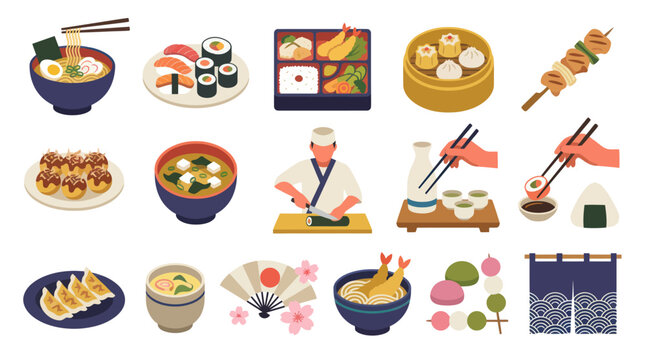 Flat Japanese Food Illustrations: Sushi, Ramen, Bento, Skewers, Mochi  More