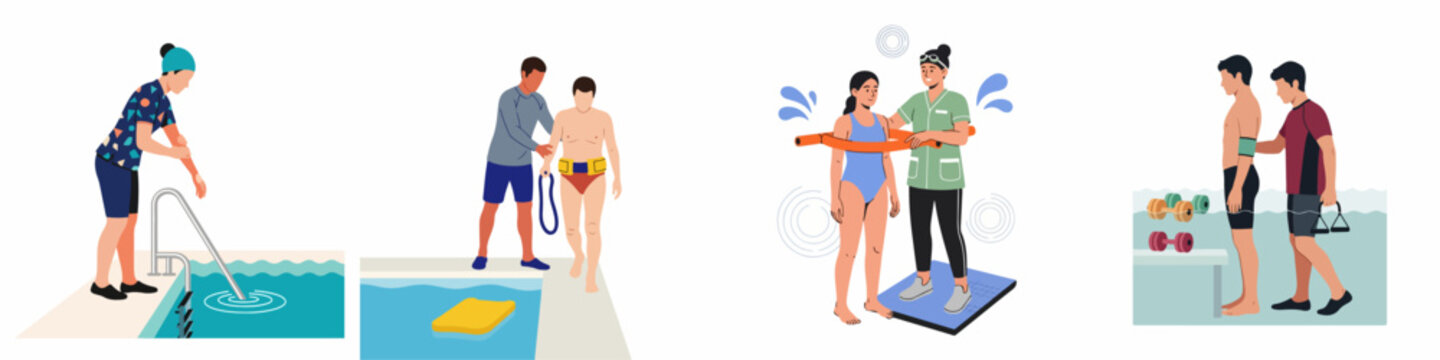 Flat Illustrations of People Participating in Hydrotherapy and Aquatic Physical Therapy Sessions with Professional Instructors in a Swimming Pool Environment.
