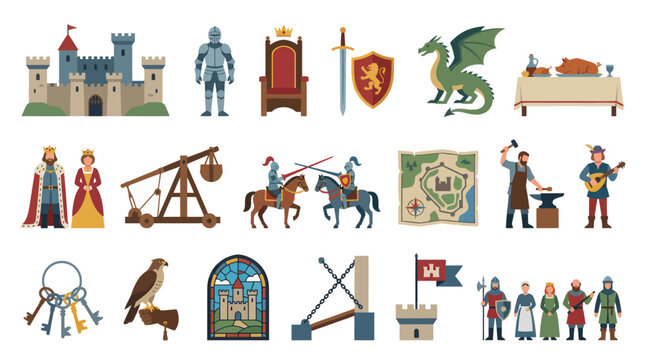 Flat Design Medieval History and Fantasy Icons Set with Castle, Knights, Dragon, Royal, and Ancient Elements