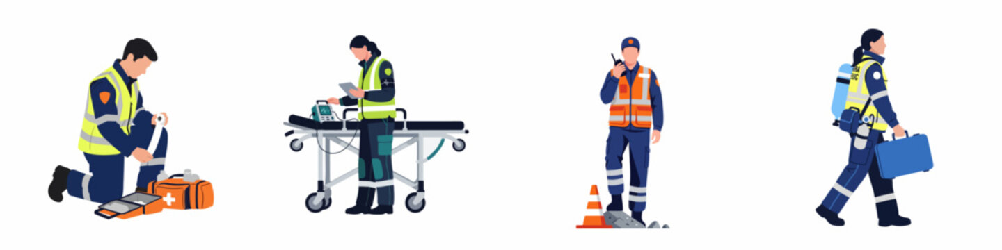 Set of flat vector illustrations depicting various emergency medical service responders and paramedics in uniform with medical equipment on white background.