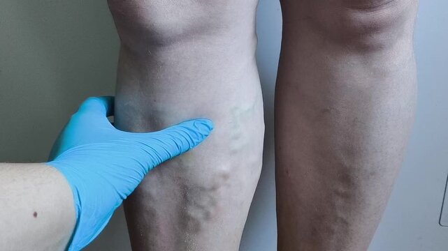 Close up of physician checking varicose veins, venous insufficiency, leg examination and healthcare concept.