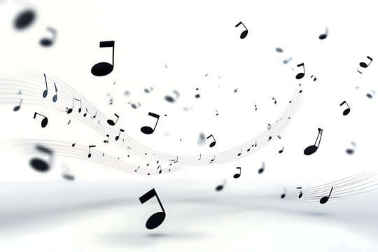Musical notes float gracefully against a clean, minimalist composition, notes of varying sizes and positions arranged in a harmonious, fluid rhythm.