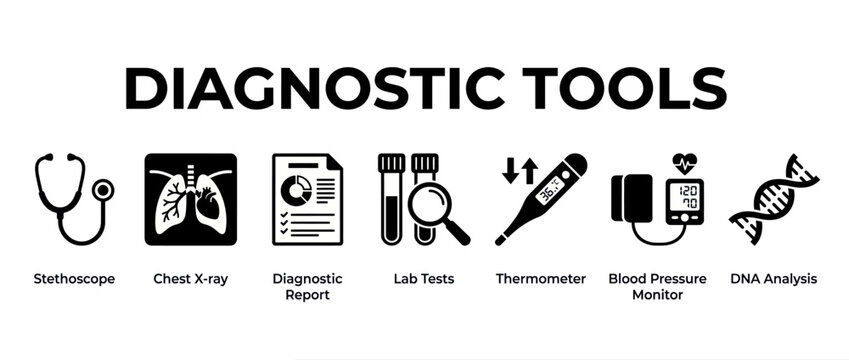 Medical diagnostic tools icon set. Healthcare equipment symbols for clinical lab examination.