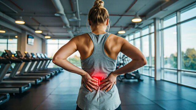 Woman suffering from lower back pain during workout in modern fitness gym
