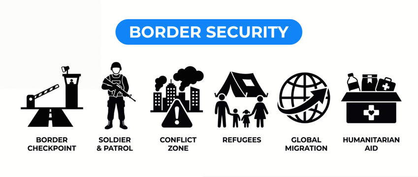 Border security icon set. Humanitarian aid and global migration vector symbols for news media.