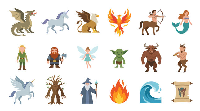 Fantasy and Mythology Characters Icons Set in Flat Vector Style: Mythical Creatures, Magic Elements