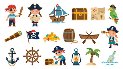 Fototapeta premium Flat Vector Cartoon Pirate Kids Characters and Treasure Hunt Elements Illustration Set