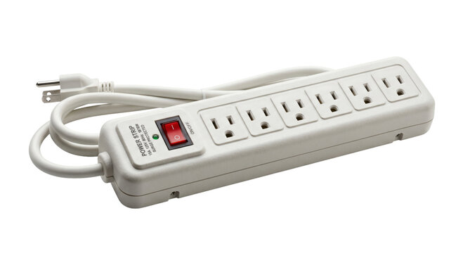 White power strip with multiple outlets and surge protection on a white background