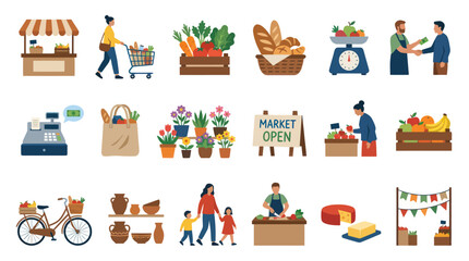 Fototapeta premium Flat Vector Market and Grocery Shopping Illustrations Set with People, Food, and Retail Objects