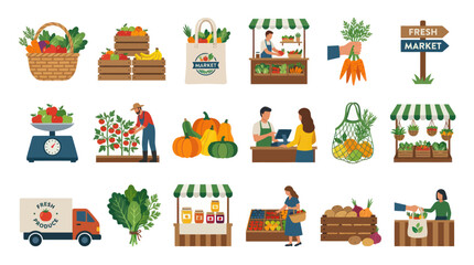Fototapeta premium Fresh Produce Market and Agriculture Flat Vector Illustration Icon Set. Healthy Food, Farming Retail Elements