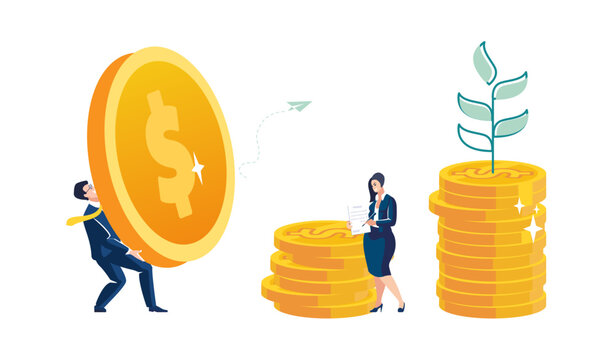 Financial growth. Businessman with dollar coin stacks gold pennies, cents. Girl secretary analyzes cash income. Business finance, people Economic growth, investment, design, poster Vector illustration