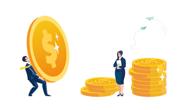 Business finance, people. Businessman investor holding gold coin and woman secretary analyzing income. Financial or economic growth. Profit from stock market or investment. Flat vector illustration
