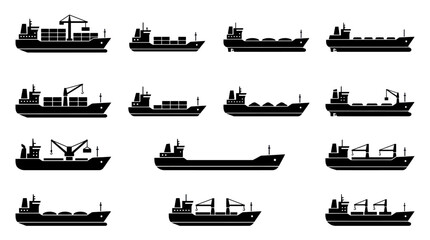 Obraz premium Cargo ship icons set. Industrial maritime vessel collection for global logistics and shipping.