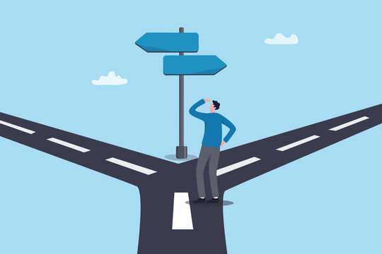 Business crossroad, decision to choosing choice, success direction challenge, right or wrong opportunity, option, alternative selection businessman thinking make decision to choose business direction.