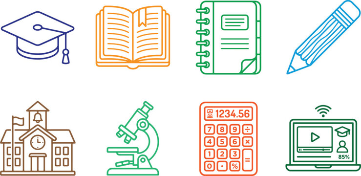 Educational icons representing learning tools and academic concepts. Modern line art illustrations for school, science, and study themes.