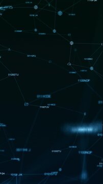 Vertical cyber security data network loop with digital icons and binary codes moving on dark blue background. Perfect for mobile tech, smartphone apps, and social media reels