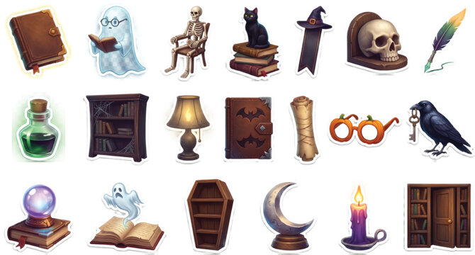 Halloween Haunted Library 3D Sticker Set with Ghost Librarian Spell Book and Magical Elements