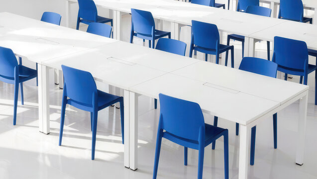 Empty classroom, blue chair, white table, bright interior, modern room, school furniture