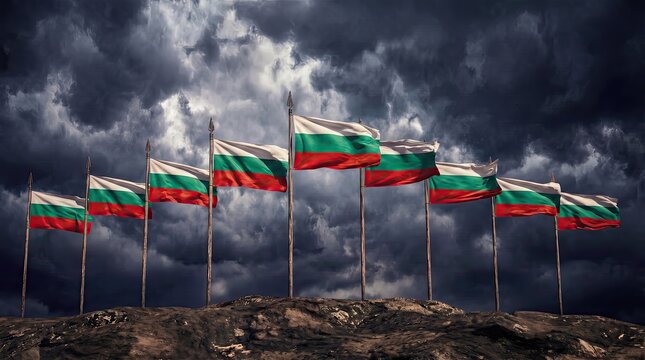 Bulgarian flags waving on wooden poles atop rocky hill national pride
