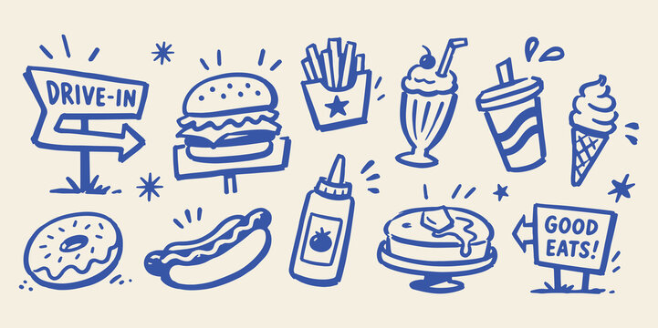Drive In Fast Food Doodle Set Hand Drawn Vector Illustration