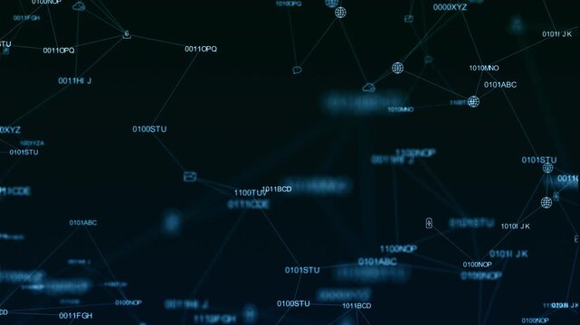 Abstract cyber security data network loop with digital icons and binary codes moving on a dark blue background. Perfect for tech, global communication, and cloud computing concepts